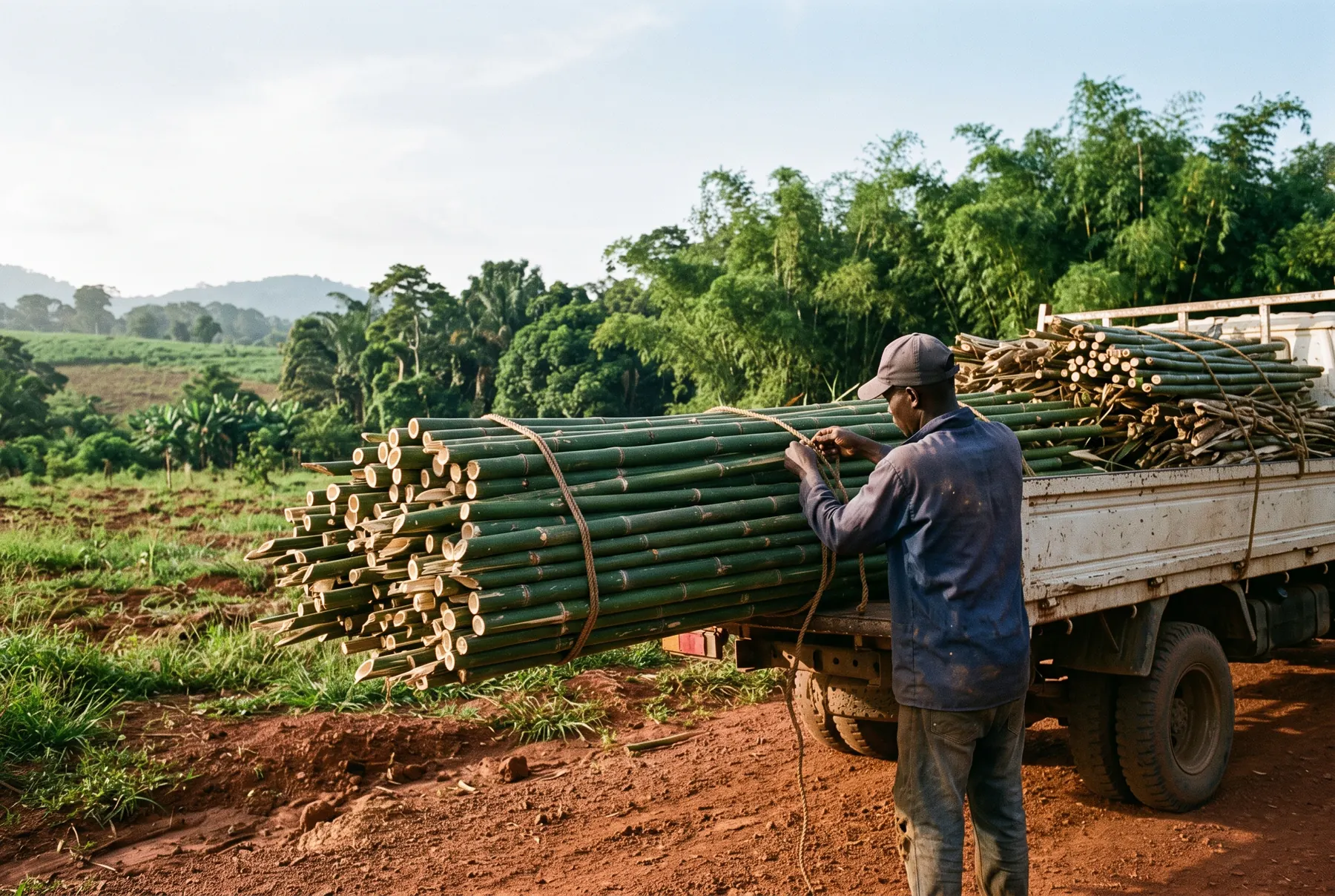 Bundles of cut bamboo culms roped onto a flatbed lorry