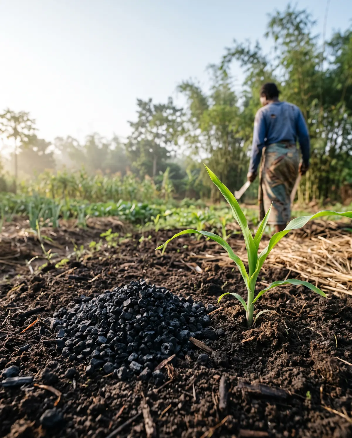 Black biochar granules on dark soil beside a young maize seedling
