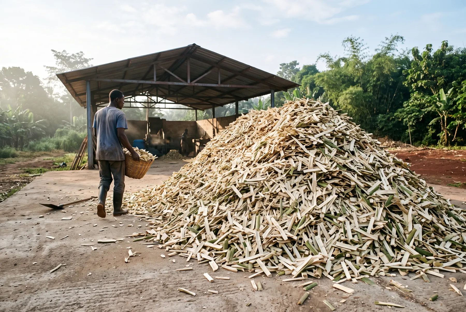 A heap of fresh bamboo chips beside an open-sided processing shed