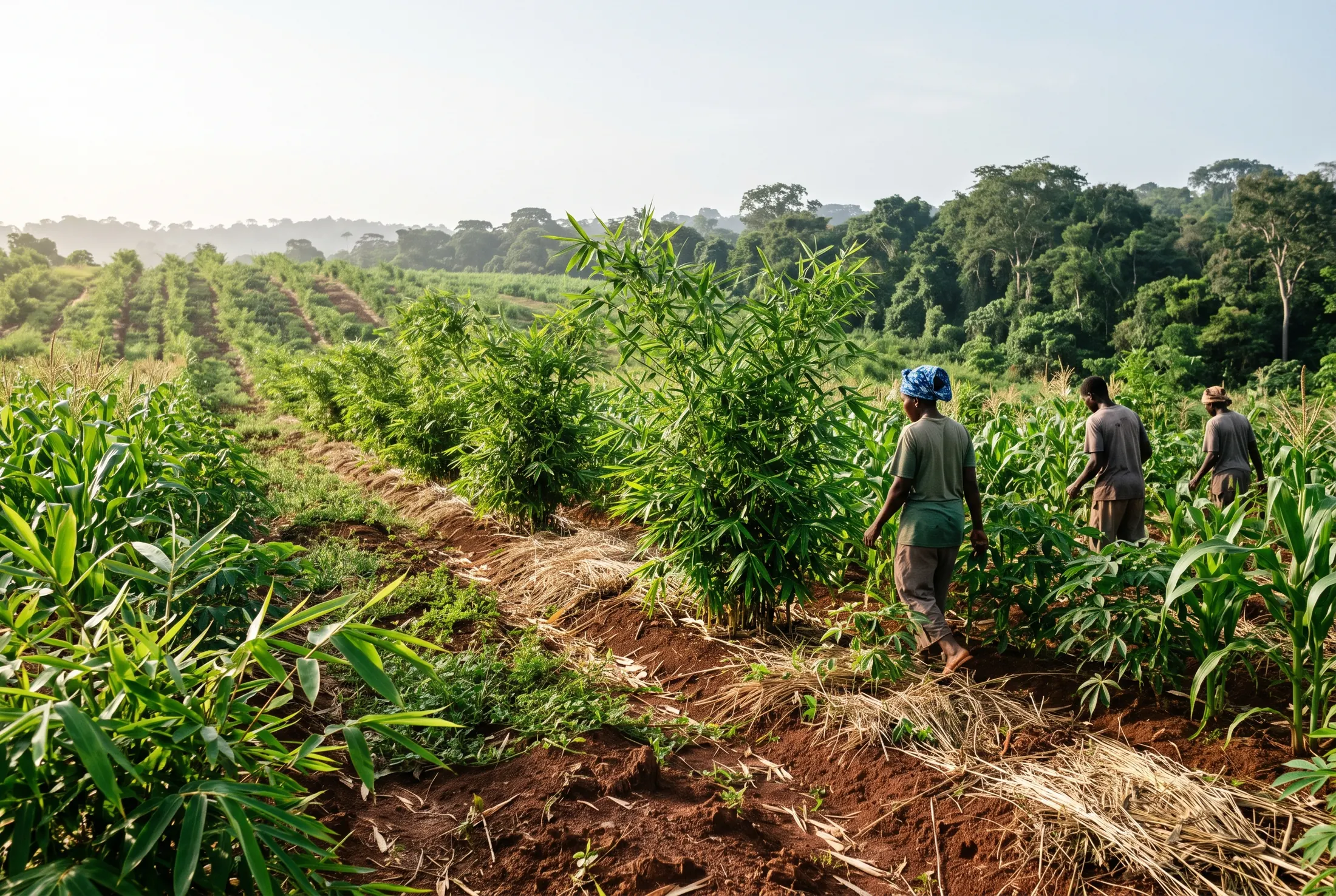 Young bamboo clumps with maize and cassava growing between the rows