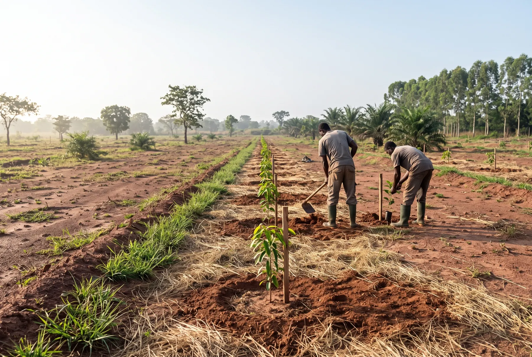 Two workers planting staked tree seedlings in rows on cleared laterite land, beside a grass strip on an earth bund